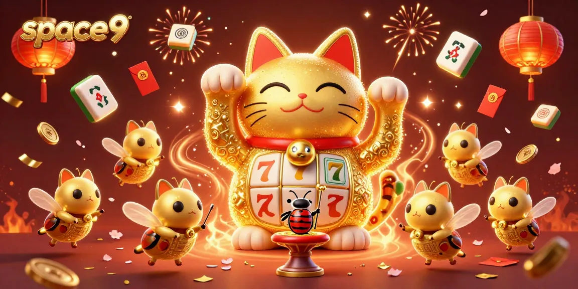 Experience thrilling gameplay at space9 with golden lucky cats and casino symbols surrounded by festive elements.