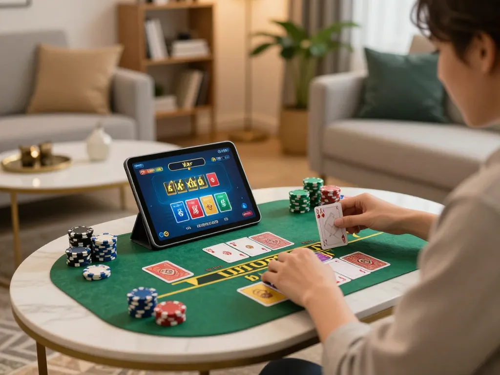 Playing tài xỉu online during an engaging home gaming session while focusing on strategy.
