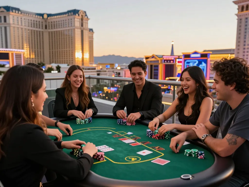 Sahabat menikmati Texas Hold'em di kasino mewah Las Vegas saat matahari terbenam, menyoroti tante77.