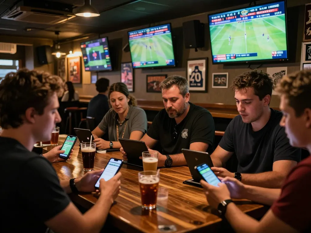 NET88 sports enthusiasts engaging in live betting at a lively bar, showcasing excitement and smart wagering decisions.