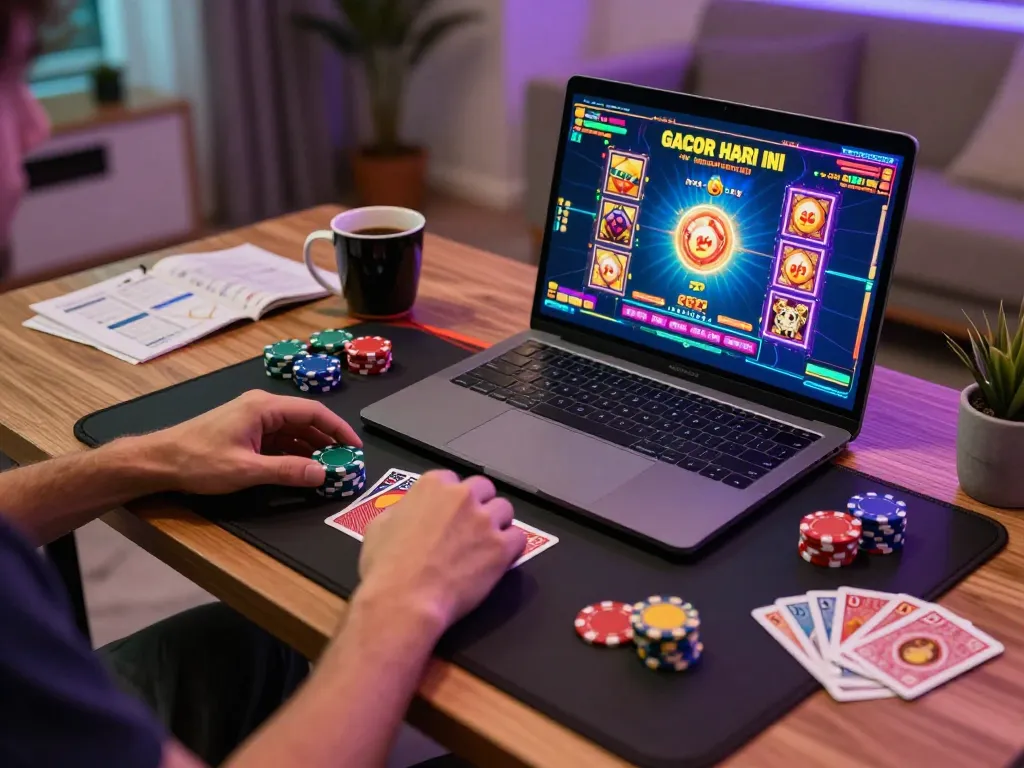 Engaging in slot gacor hari ini gameplay on a laptop, revealing dynamic online casino action.