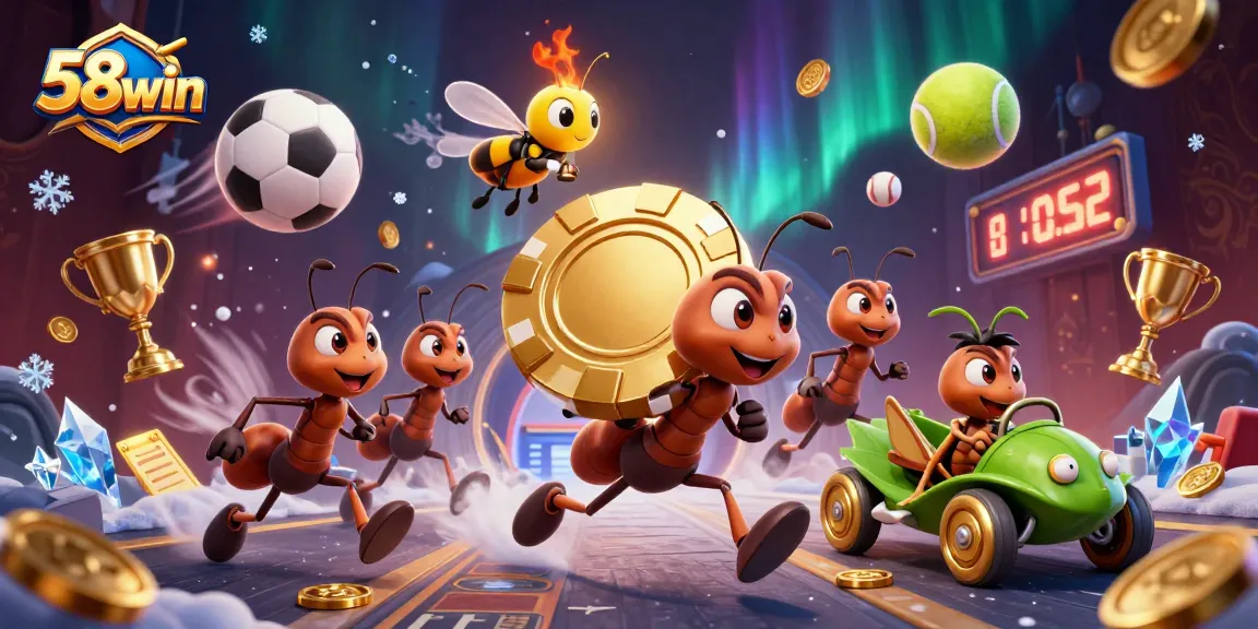 Engage in thrilling moments with 58win as ants heist a giant golden poker chip amidst dynamic sports elements, creating excitement.