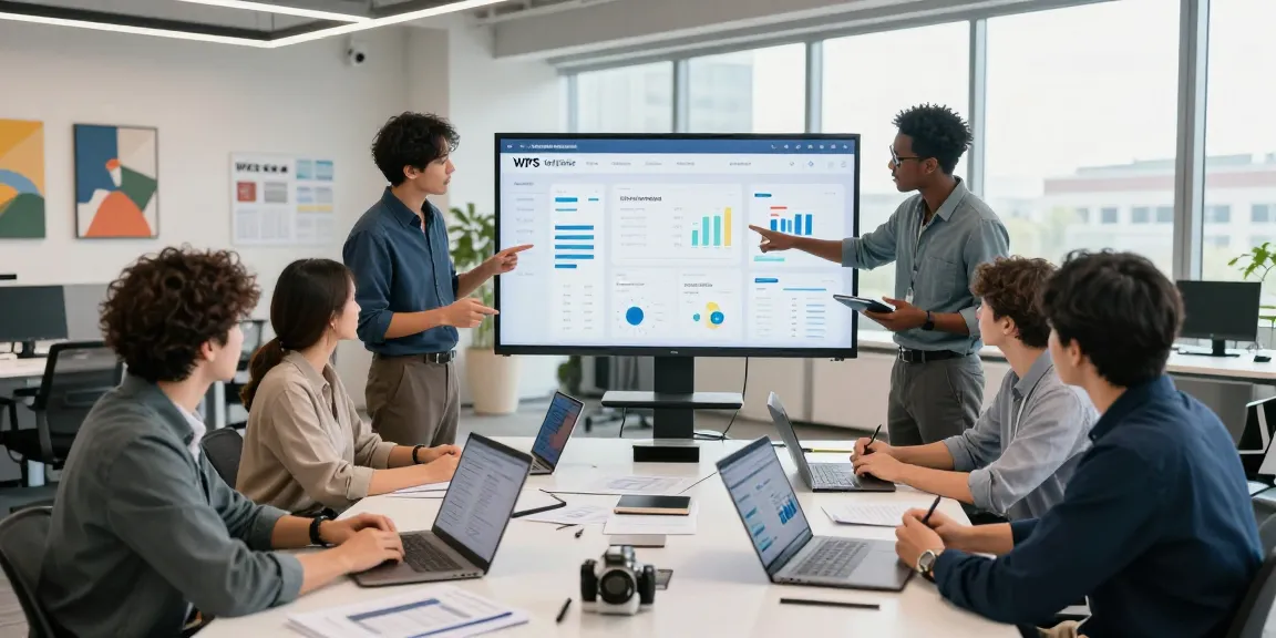 Engaged team of professionals discussing analytics on the WPS Official Website, showcasing a modern office environment.