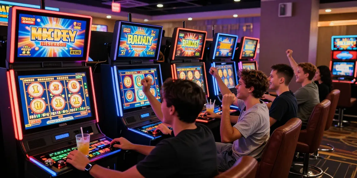 Exciting gaming lounge with players celebrating a jackpot at daftar slot machines.
