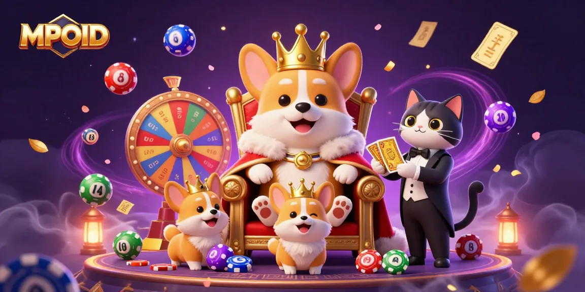 Engage in vibrant lottery action with MPOID as lively balls and golden tickets fill the casino scene.