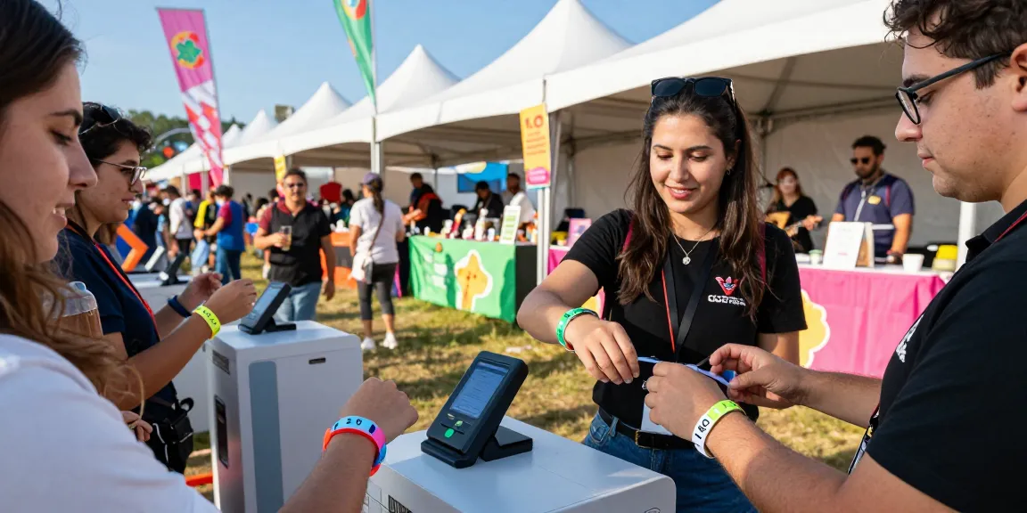 Attendees using RFID control de accesos wristbands at a vibrant outdoor festival.