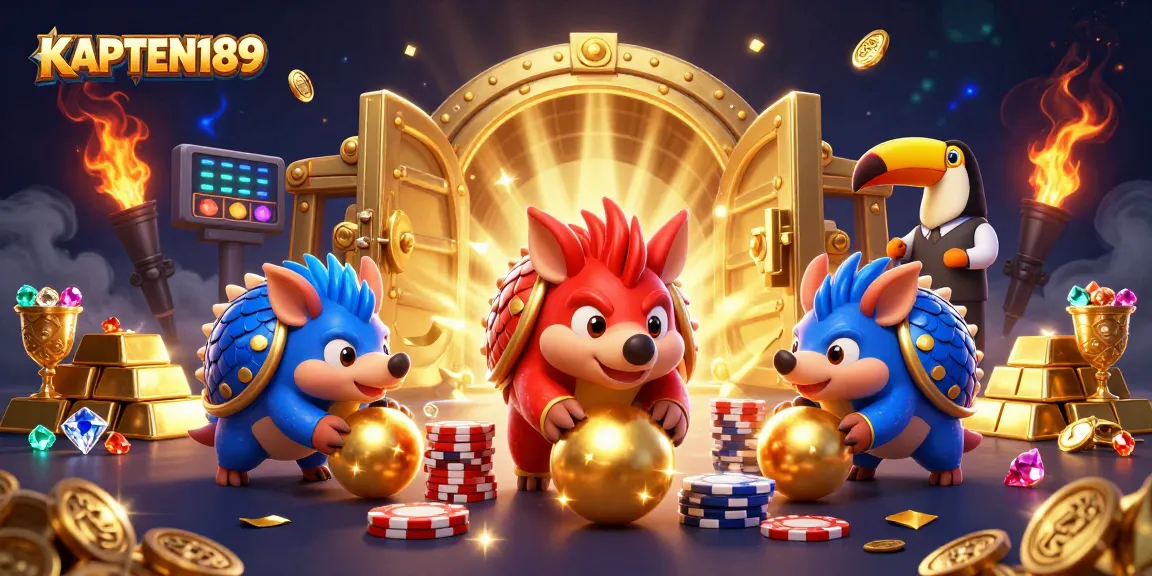 KAPTEN189 menawarkan ilustrasi aksi kasino menarik yang menunjukkan persaingan dinamis antara dua pangolin dan tumpukan chip poker.