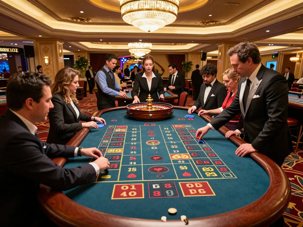 Players betting at a roulette table in the lively o8 casino, showcasing excitement and luxury atmosphere