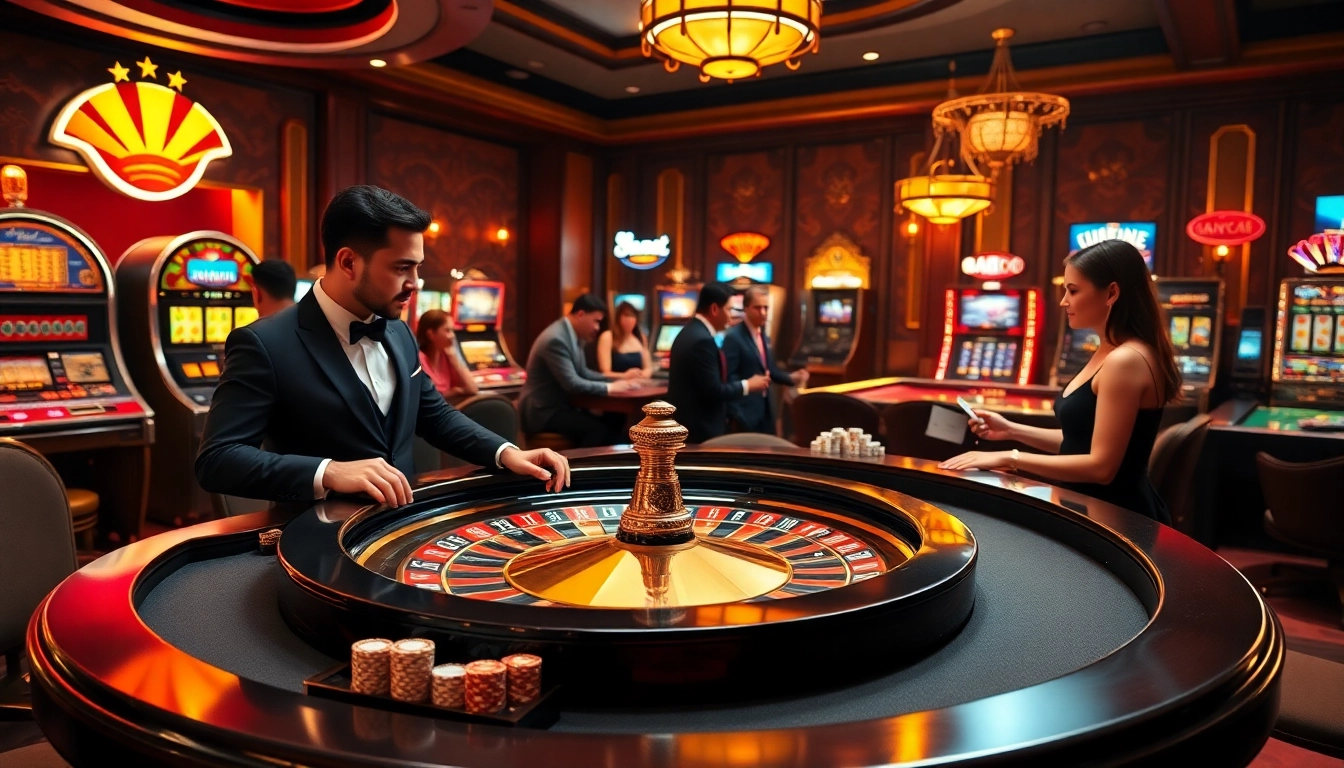 Gamblers enjoying a vibrant roulette table experience at hay88 casino.