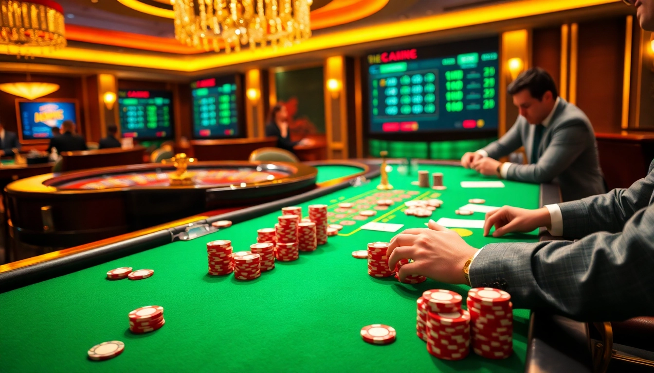 Engaging players place bets at https://tylebongdatructuyen.org/ with vibrant poker chips and cards.