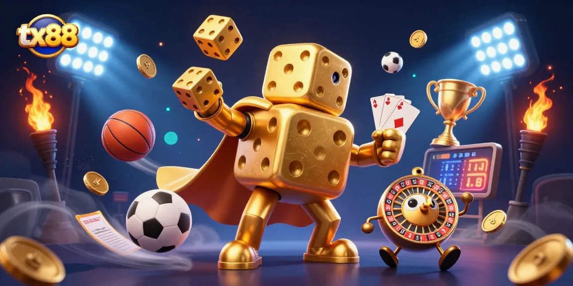 Experience tx88's gaming excitement with a dynamic casino-themed illustration of golden dice and sports elements.