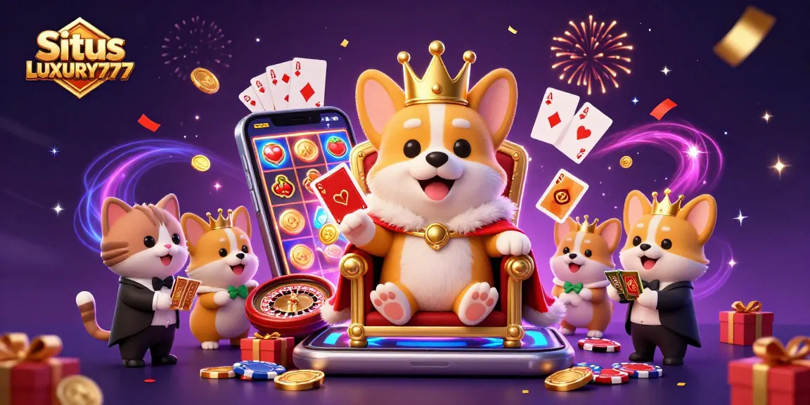 Situs LUXURY777 menghadirkan ilustrasi 3D corgi kerajaan yang berperan di kasino, dikelilingi elemen slot yang menarik.