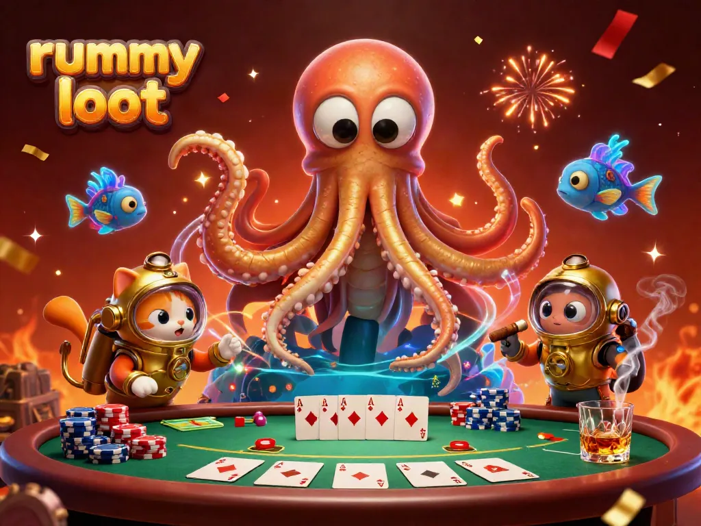 Engage with immersive rummy loot gameplay in this vibrant 3D scene featuring a kraken and diving cat.