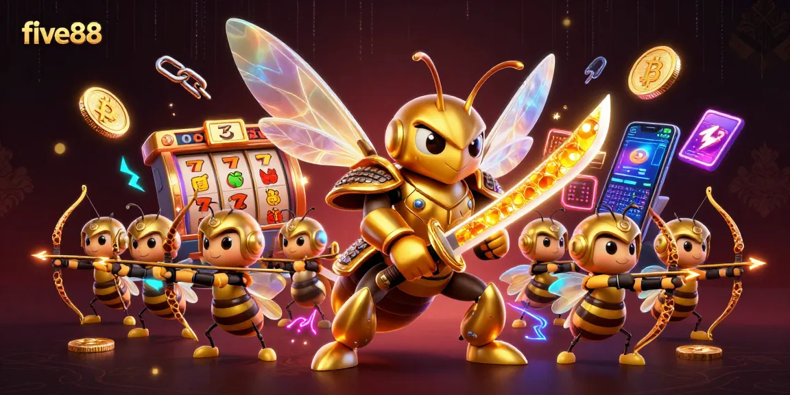 Engage with five88's thrilling casino vibe, featuring a samurai hornet and bee archers amidst cryptocurrencies.