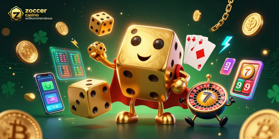 Experience the excitement of the Zoccer Casino Willkommensbonus with golden dice and glowing cryptocurrencies.