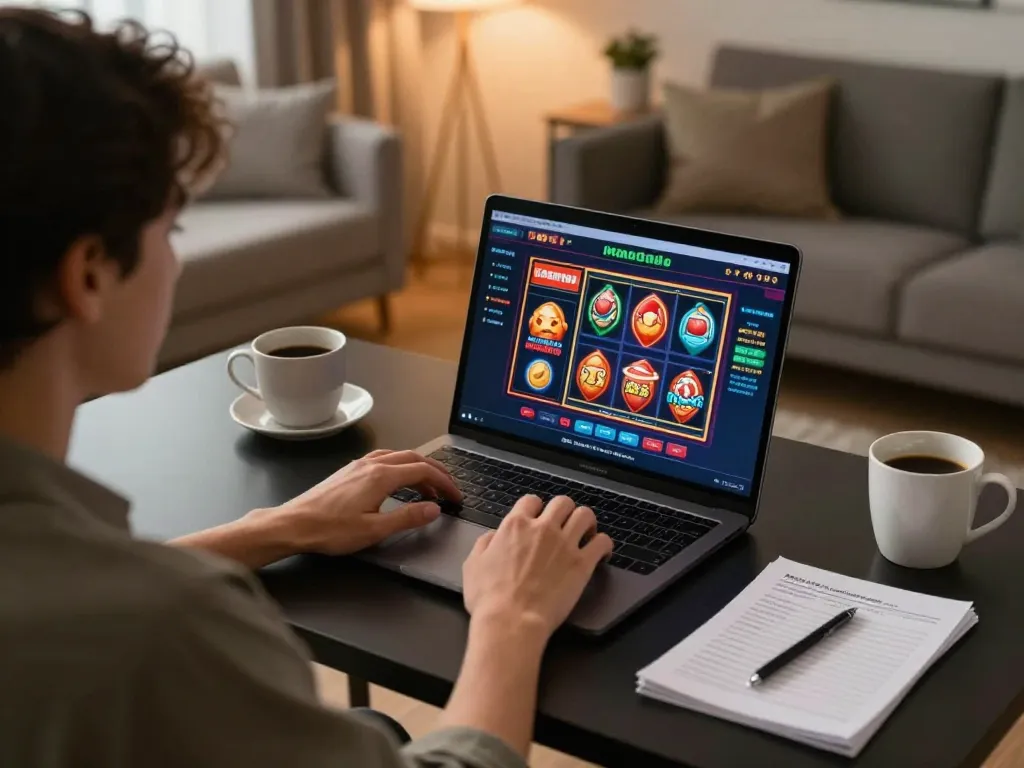 Engaging in aman788 slot online gaming at home, focused on laptop with casino interface and strategic notes nearby.