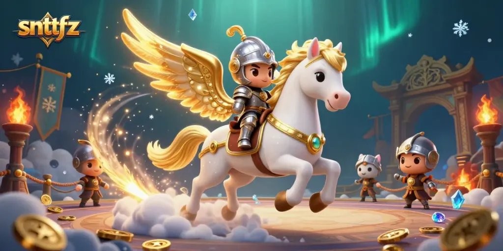 Snttfz captures the excitement of online gambling with a knight on a celestial horse amidst gold coins and betting tokens.