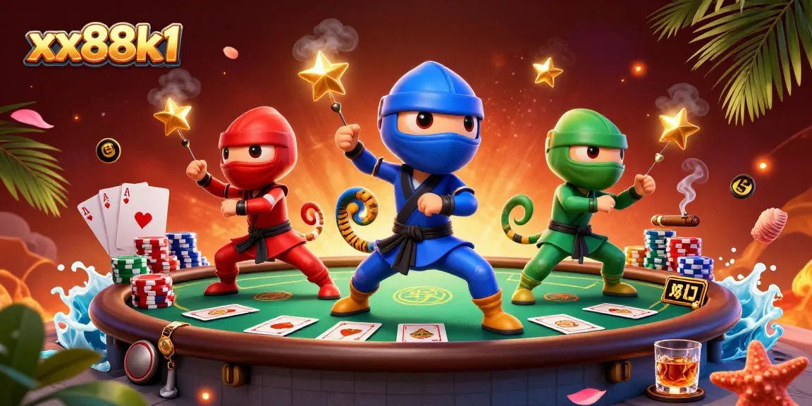 Engage with the vibrant xx88k1 casino scene featuring ninja chameleons showcasing their skills around poker elements.