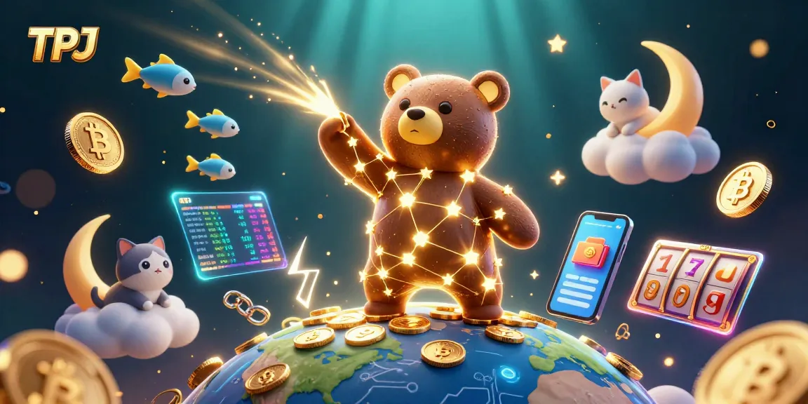 Engage in the magic of TPJ as a constellation bear scoops coins, amidst vibrant slots in a whimsical casino universe.