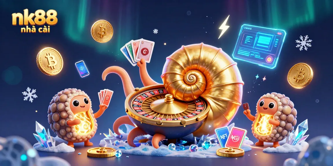 Engage with nk88 nhà cái, featuring the lively giant nautilus and vibrant crypto elements in a rich casino setting.