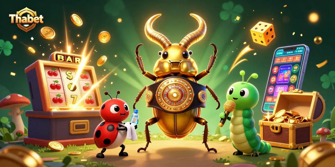 Immerse in Thabet's vibrant casino scene with a colossal stag beetle champion, slot machines, and colorful treasures.
