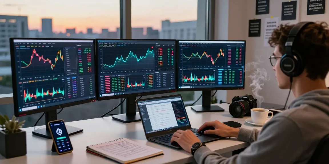 Ethereum price live analysis in a modern home office with trading screens.
