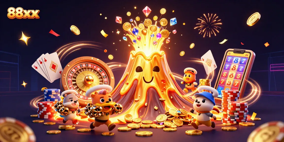 Win big at 88xx with the golden volcano erupting treasures in a vibrant casino scene.