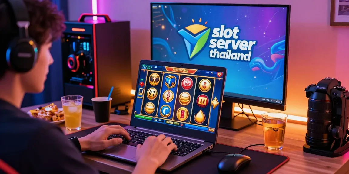Pemain slot online menikmati permainan di slot server thailand dengan suasana cerah dan aksesori gaming yang menarik.