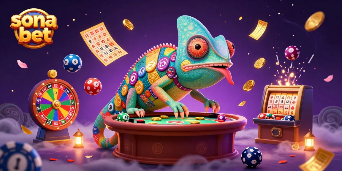 Sona bet offers an engaging casino experience with vibrant lottery elements and a chameleon mascot.
