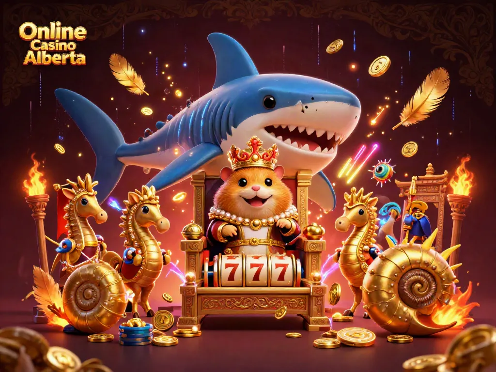 Play dynamic online games at Online Casino Alberta with a royal hamster king in a vibrant 3D scene.