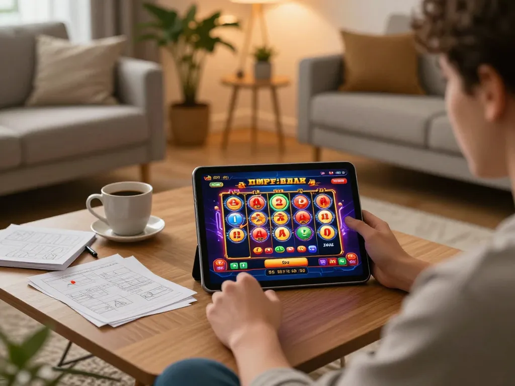 #zowin player enjoying exciting slots game on tablet in cozy living room setup