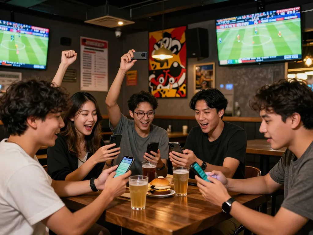 Kèo nhà cái betting excitement with friends at a modern sports bar watching live games.