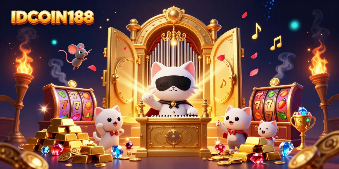 IDCOIN188 showcases a lively casino scene with vibrant slot symbols and treasure elements for an engaging gaming experience.
