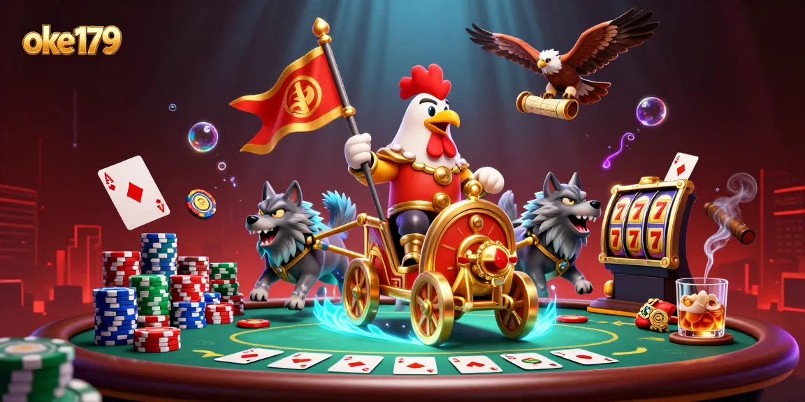Experience high-stakes gambling action with oke179, featuring a rooster warlord on a chariot amidst vibrant poker elements.