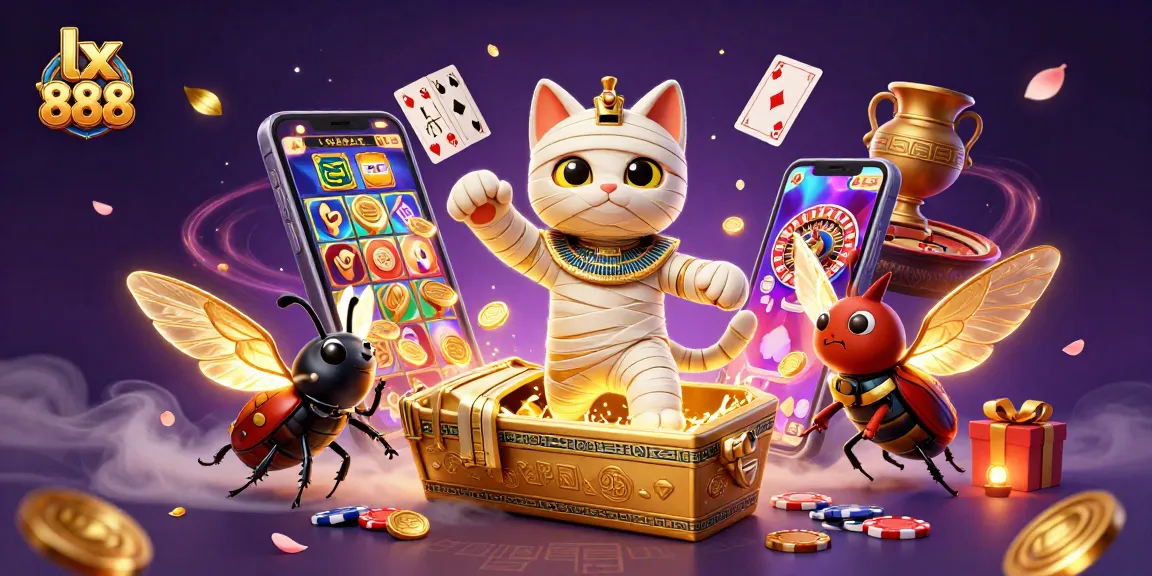 Experience thrills with lx 888 and the Egyptian mummy cat amidst dynamic casino elements.