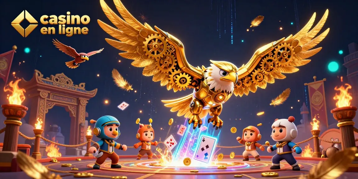 Jouez au casino en ligne avec une scène dynamique d'aigles cybernétiques et cartes holographiques.