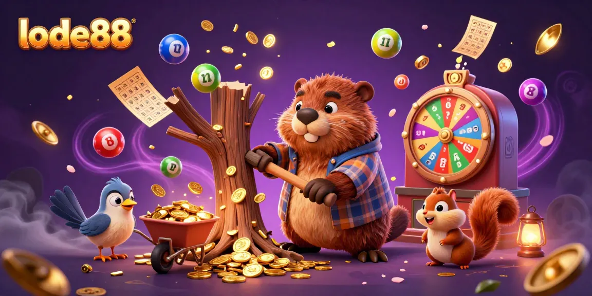 Experience lode88 with a vibrant scene of a beaver and friends enjoying a whimsical casino adventure.