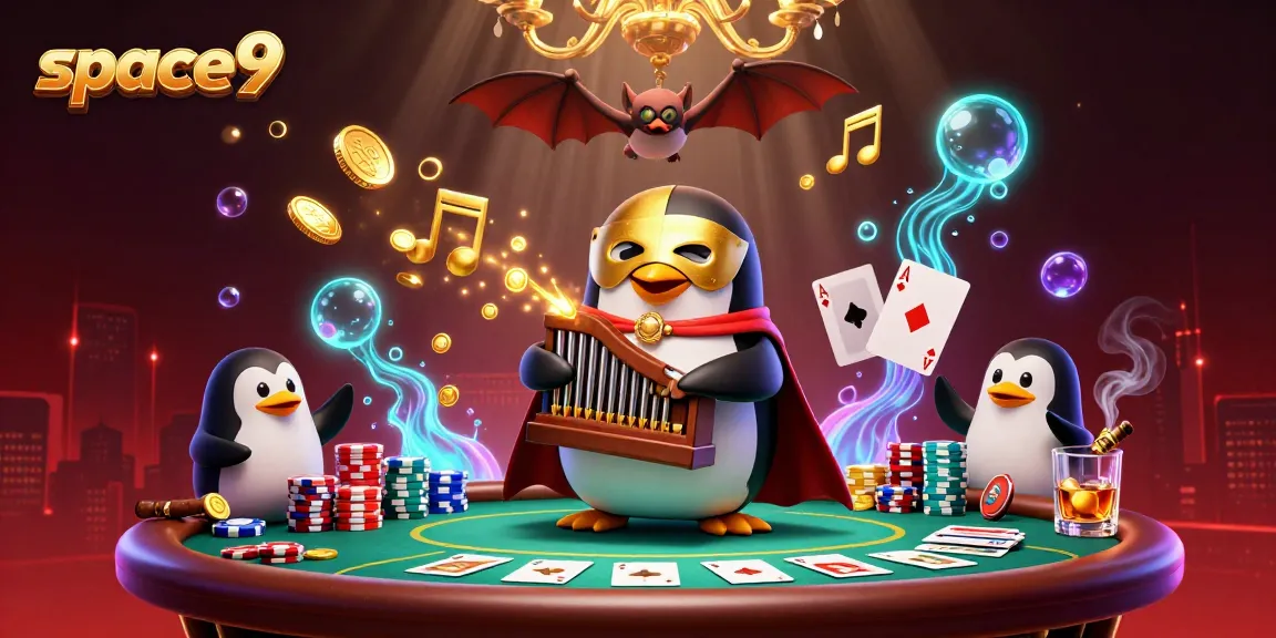 Space9 gaming scene showcases a penguin organist shooting coins while acrobats and poker elements animate the action.