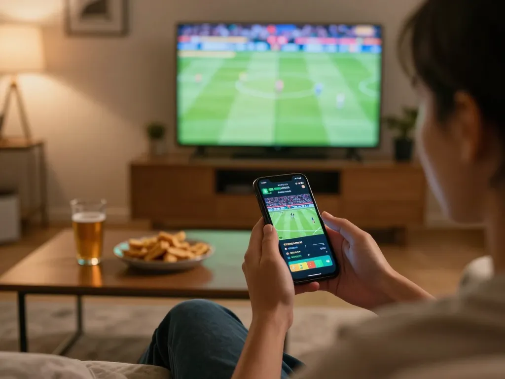 Engaged sports betting on smartphone at home while following live match on TV at https://keonhacai5.mobi/.