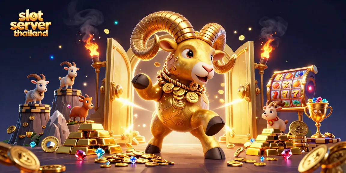 Win big with slot server thailand in an epic 3D treasure-filled scene showcasing golden ram, slot reels, and jackpot!