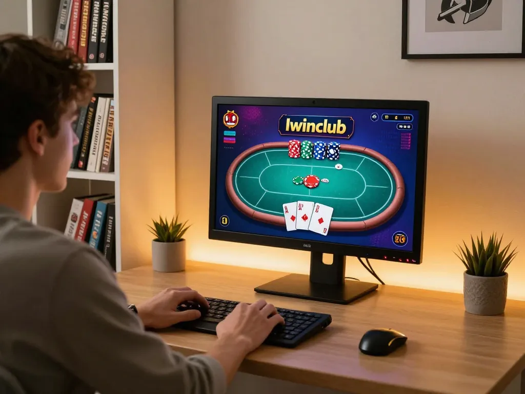 Iwinclub user enjoying a poker game in a modern home office.