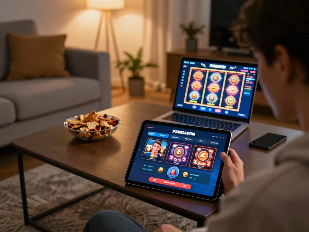Pengguna Panda Win menikmati permainan slot 3D HD melalui aplikasi seluler dalam suasana yang nyaman.