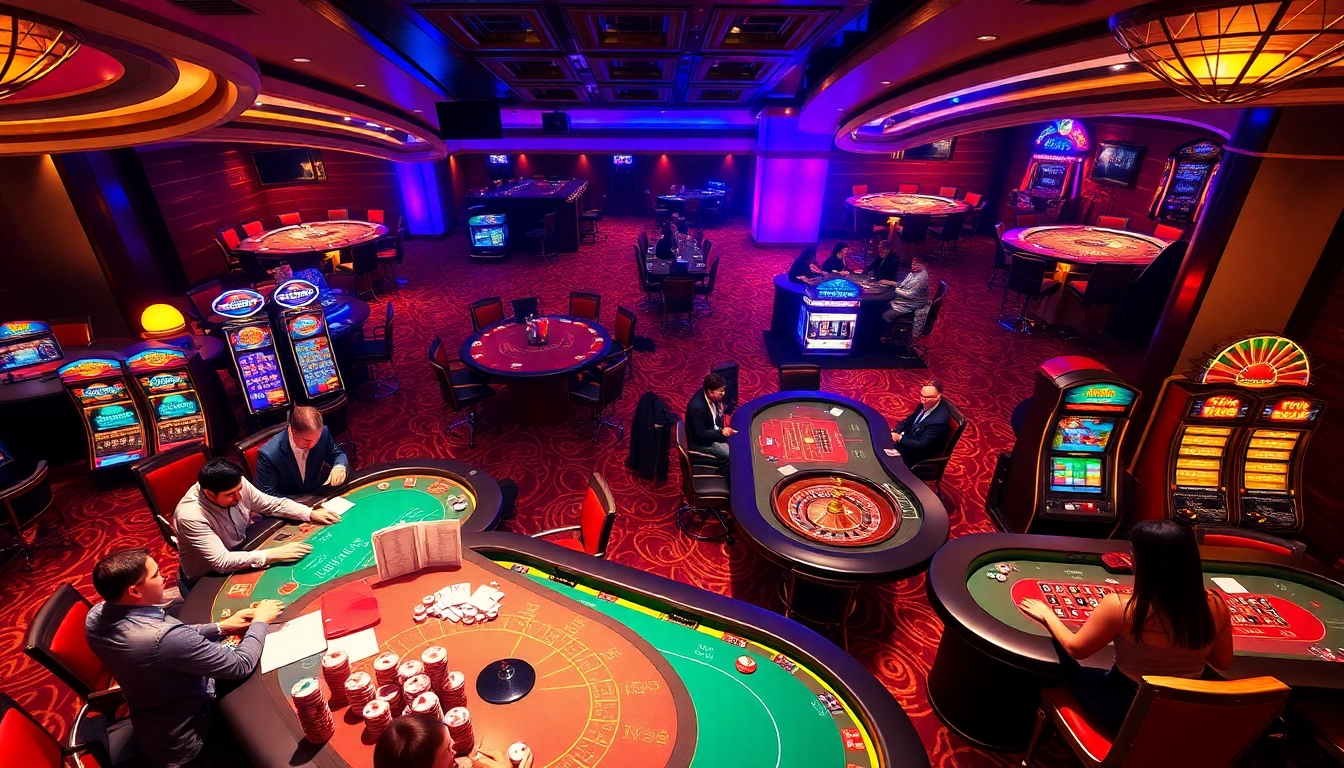 WW88 casino scene showcasing excitement and lavishness with gaming tables and slot machines.