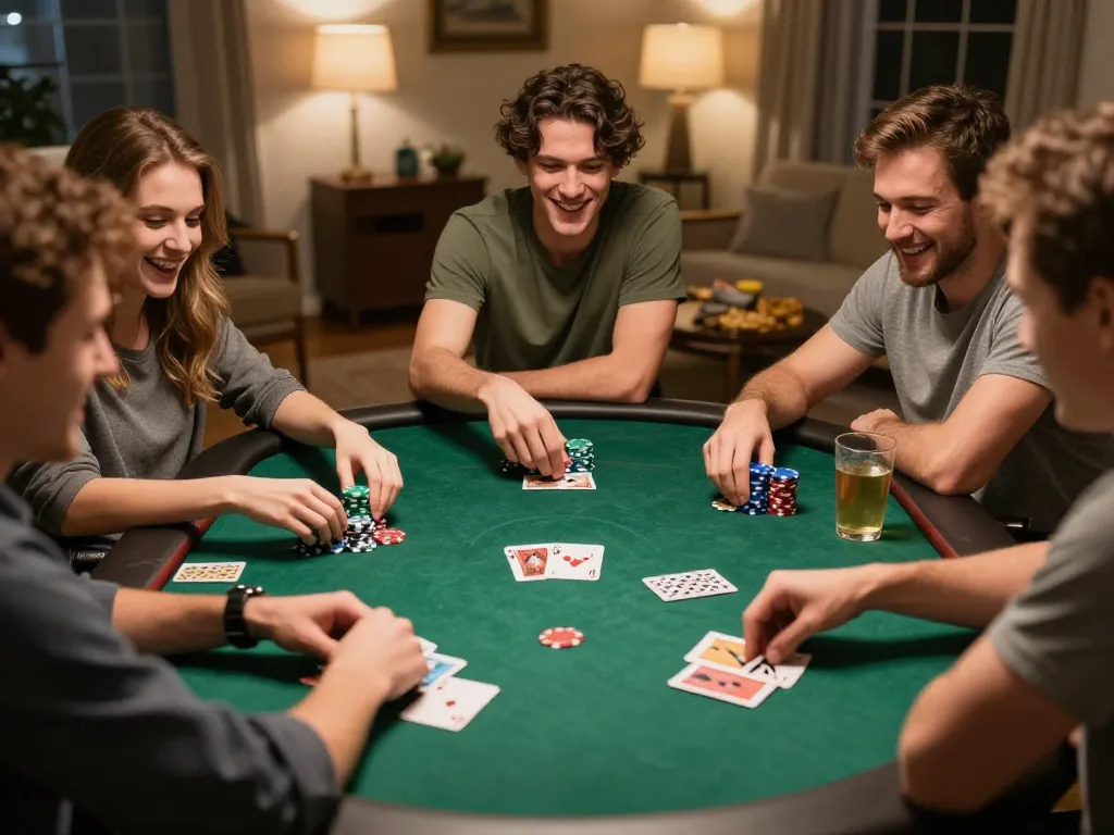 Pemain Bintangmpo terlibat dalam permainan poker yang ramah dengan tumpukan chip tinggi dan interaksi sosial yang hidup.