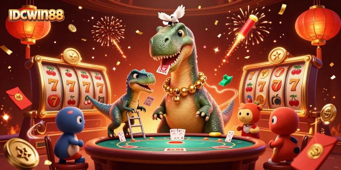 Experience thrilling gameplay with IDCWIN88, featuring a giant brontosaurus in a vibrant casino scene.