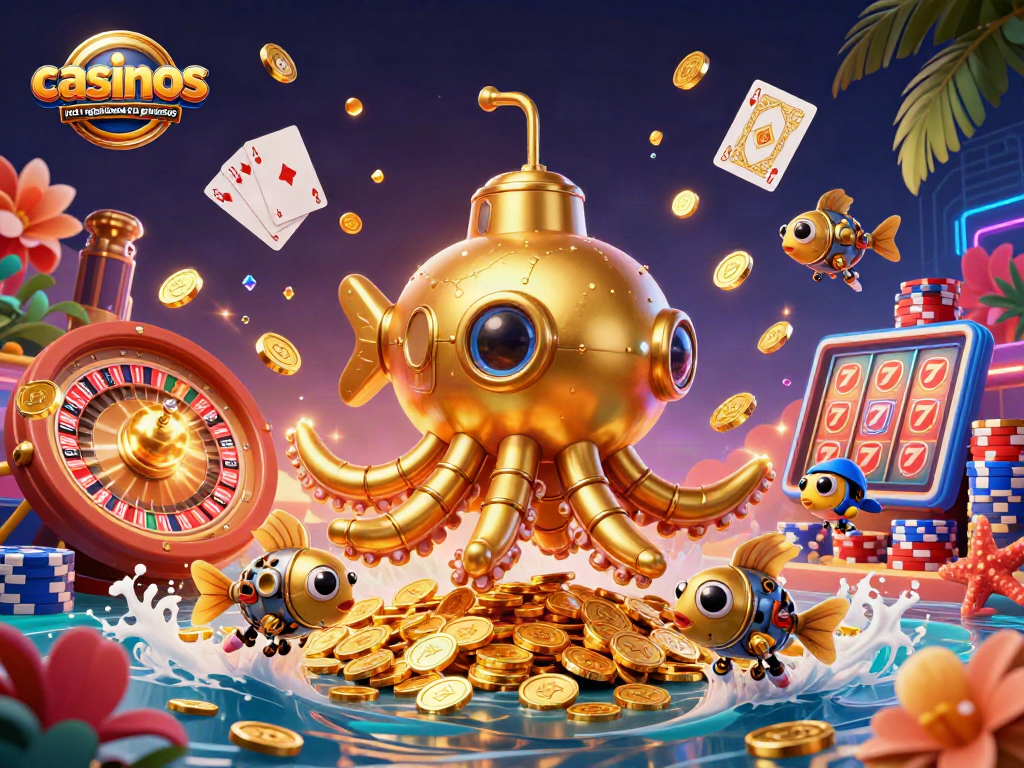 Engage with casinos not registered on gamstop featuring a golden kraken submarine and vibrant gaming elements.