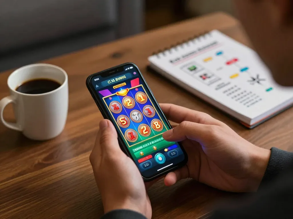 Player enjoying qq8827 online casino slots on a smartphone in a cozy home setting.