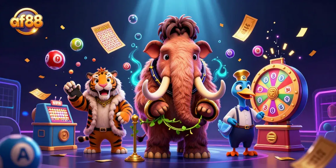 Spin and win at af88 with colorful lottery balls and a dynamic casino scene featuring unique characters.