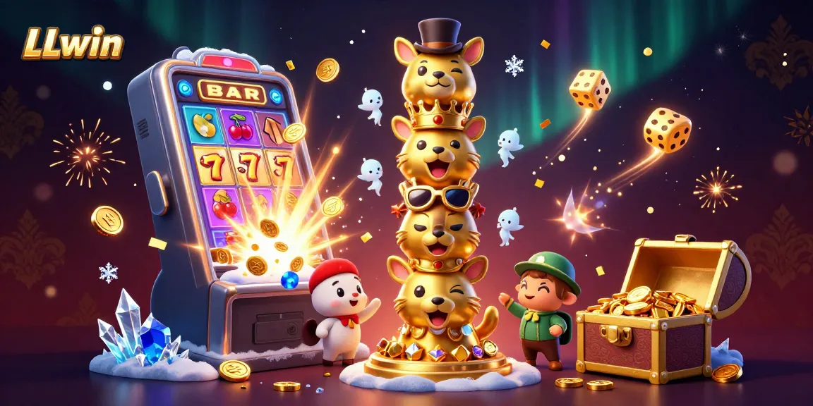 LLwin showcases an extravagant casino scene featuring animated totem pole and a vibrant slot machine jackpot burst.