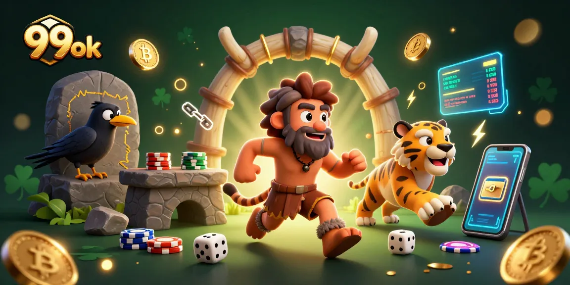 Experience the thrilling 99ok casino adventure with caveman and tiger at a prehistoric gaming hub.
